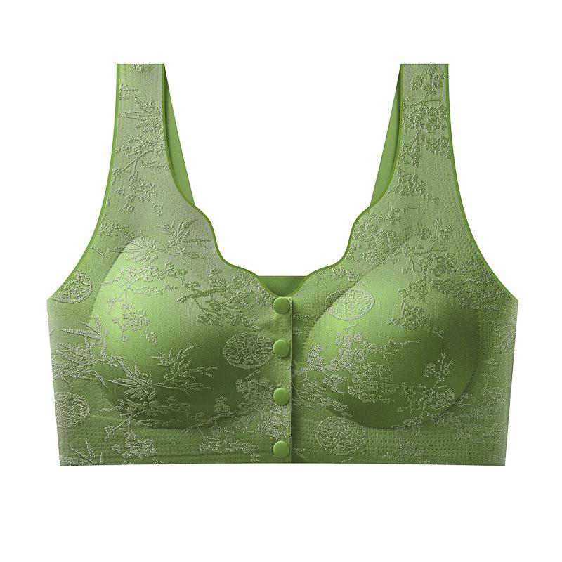 Green Floral Jacquard Front Closure Wireless Bra with Wide Comfort Straps M зелёный