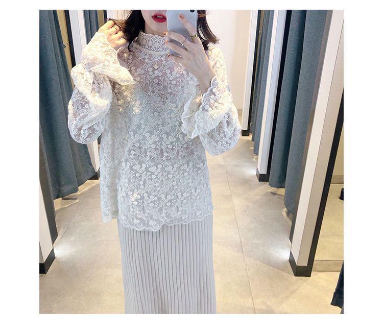 2026 Elegant Korean Style Women's Lace Mesh Top with Half-High Collar - Autumn/Winter Collection