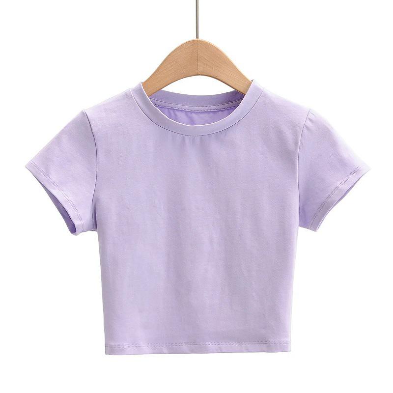 Women's European & American Style Summer Crop Top - Round Neck, Short Sleeve, Solid Color
