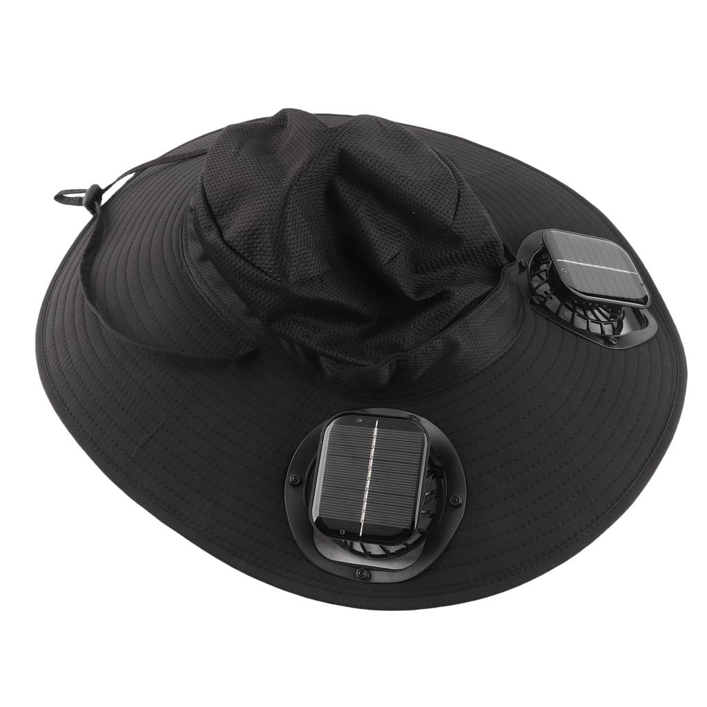 Solar Fan Hat USB Charging and Solar Powered Double Fans Wide Brim Sun Hat for Fishing Beach Black