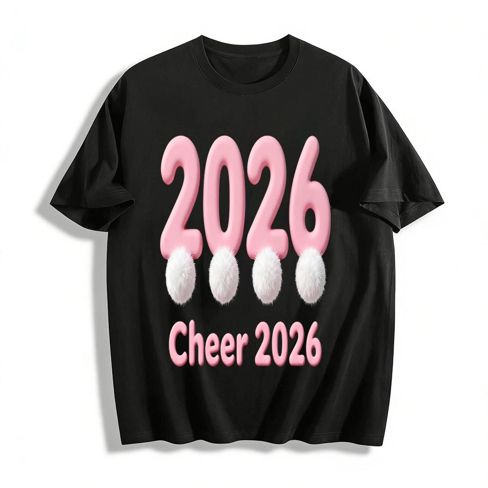 Cheer 2026 Pink Number Pom Pom Print Casual Loose Top Pure cotton T-shirt XXS