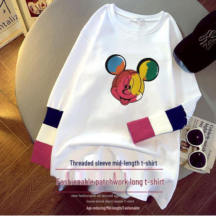 Women's Versatile Loose-Fit Pure Cotton Long Sleeve T-shirt, 2025 Autumn/Winter Collection - Mid-Length Base Layer Covering Buttocks.