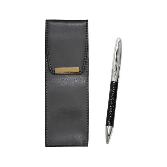 Eco-Leather Pen Case, Genuine Leather Wrapped Rotating Ballpoint Pen Director Set, Black, 3-Pack