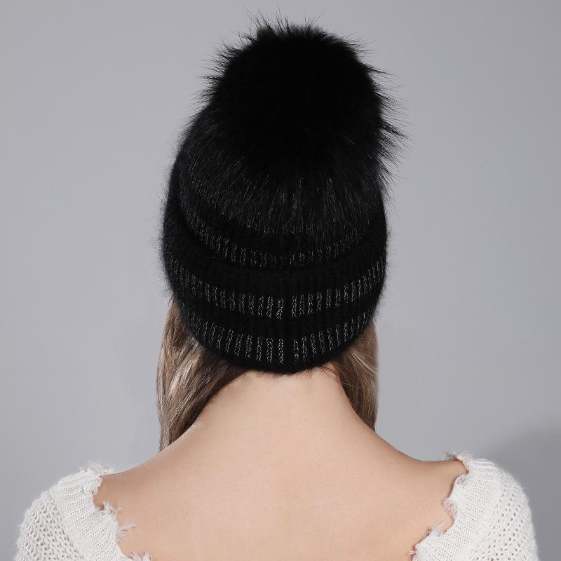 Women Winter Sliver Thread Versatile Rabbit Hair Raccoon Fur Ball Knitted Warm Pullover Hat