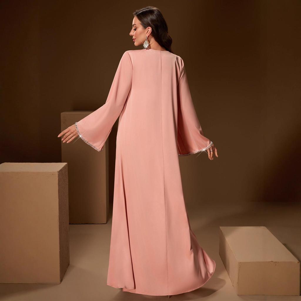 Middle Eastern Women's Fashion: Handmade Rhinestone V-Neck Loose Long Robe Dress