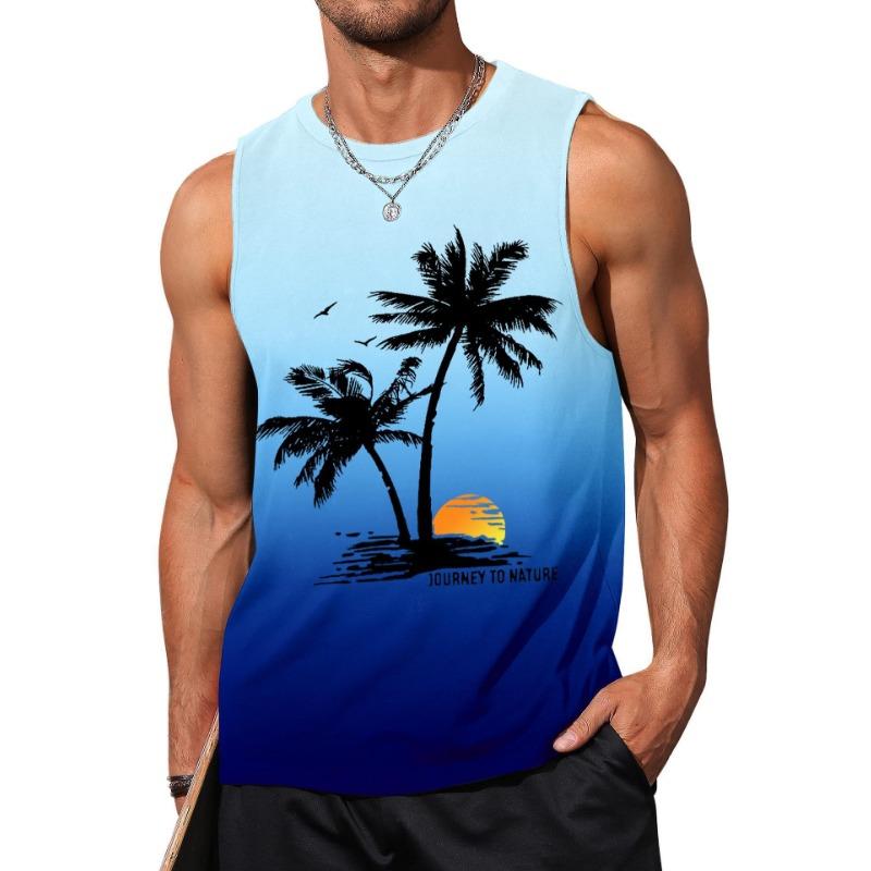 Muscle Man 3D Digital Printed Pattern Tank Top Sleeveless Beach Hawaiian Coconut Tree Tank Top Clothes