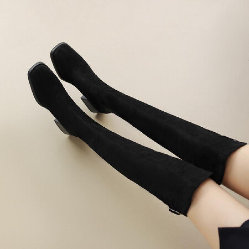 Autumn and Winter Suede Over-knee Boots Women's Mid-heel Sleeve Martin Boots Comfortable Round Head Square Heel Women's Boots Korean Version Large S