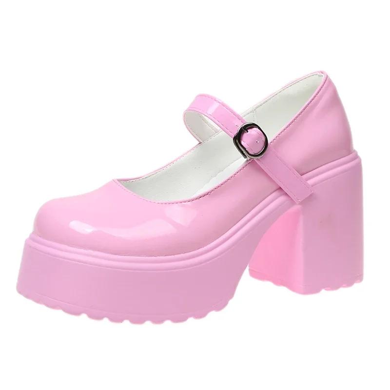 Fashion Brown Super High Heels Mary Jane Shoes for Women 2025 Fashion Chunky Platform Pumps Woman Patent Leather Ankle Strap Party Shoes
