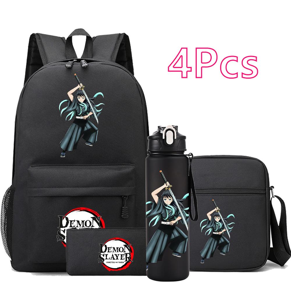 4 st/set Anime Demon Slayer Tryckt Ryggsäck Skolväska Axelväska Fodralväska med 750 ml Vattenflaska Pojke Flicka Stor Kapacitet Vattentät Skolväska