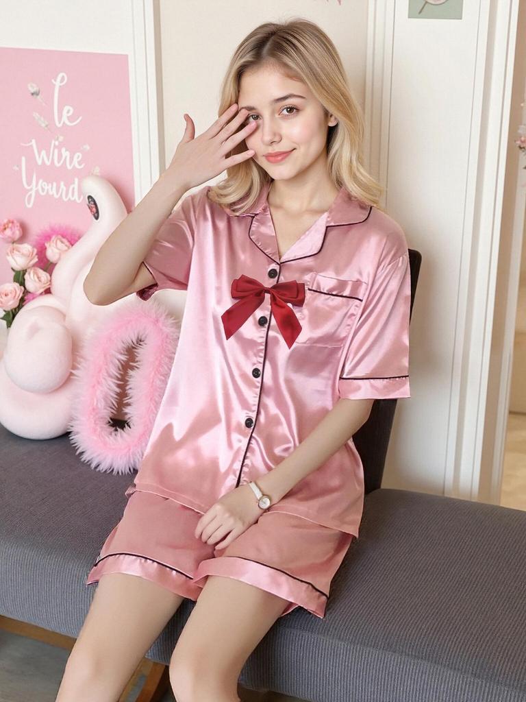 Women's Short Sleeve Faux Silk Ice Silk Pajama Set with Lapel - European Size