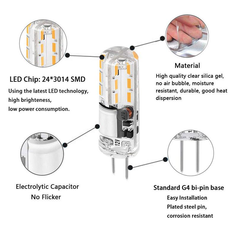 G4 LED Bulb 12V SMD3014 No Flicker, 360° Beam Silicone Light, for Crystal Chandelier, Halogen Replacement, Warm White/Cool White, Bi-Pin Base