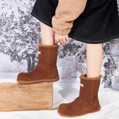 Fashion Suede Snow Boots Women's Shoes Winter Mid-calf Boots Outdoor Plus Velvet Women's Non-slip Cotton Shoes Warm Flat Women's Boots
