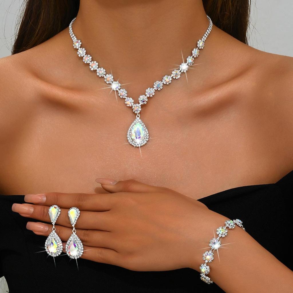 Elegant Multi-Color Floral Diamond Wedding Jewelry Set - Necklace, Stud Earrings & Bracelet