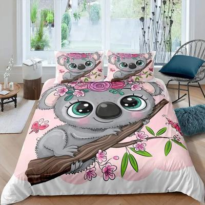 Cartoon Niedlicher Koala Rosa Blumen Bettbezug Damen Kinder Mädchen Teenager Warme Geschenke Schlafzimmer Dekoration Cartoon Tier Thema Queen Size