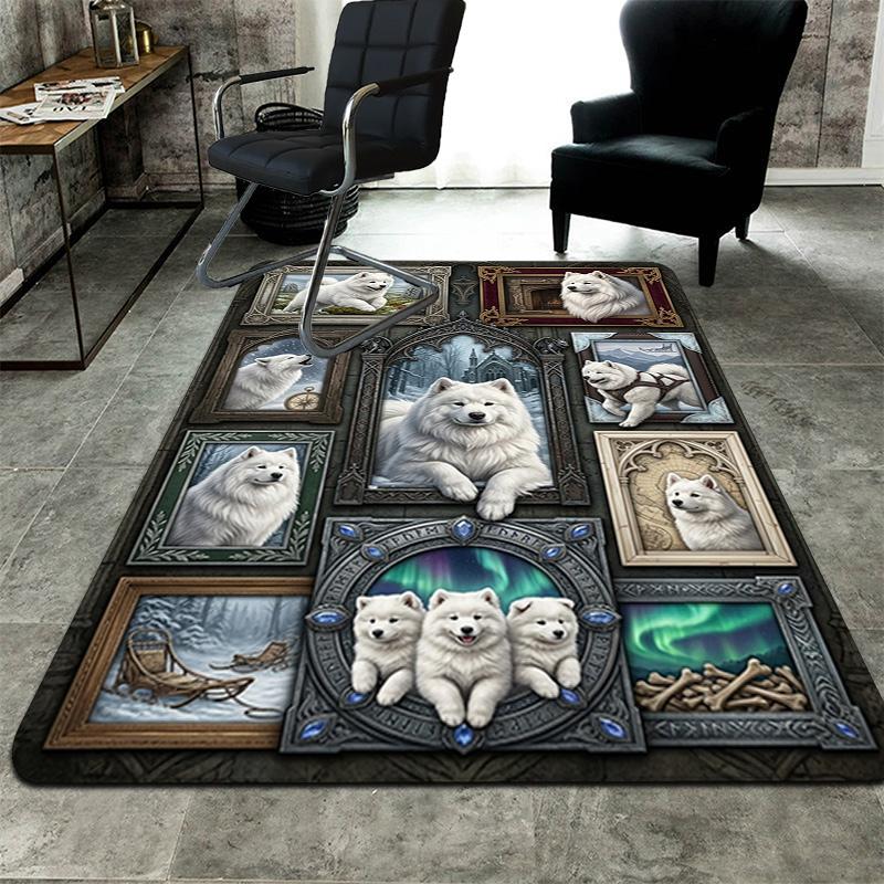 White Canine Portraits Pattern Rug Floor Mat for Living Room or Bedroom Soft and Comfortable Carpet a Gift for Birthday and Holiday.