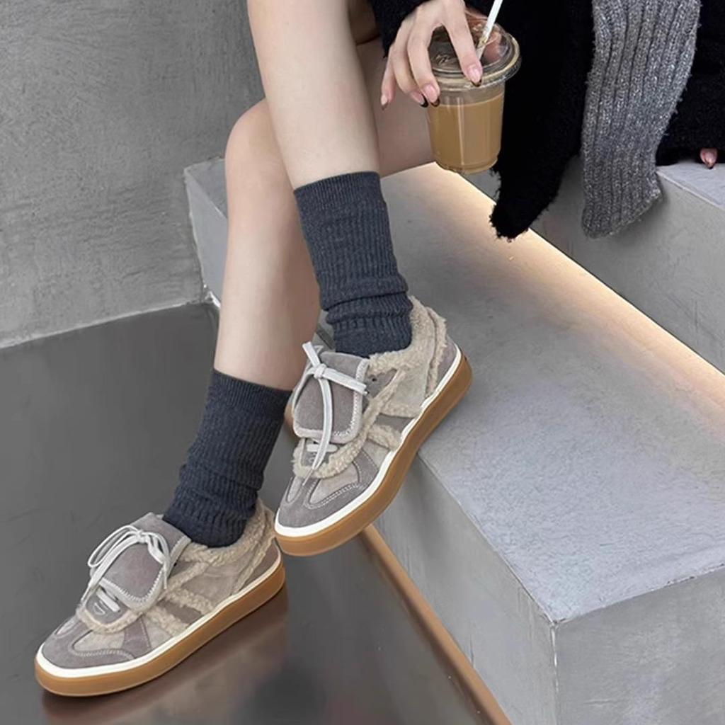 [Heel Height 3 Cm] Charcoal Roasted Pumpkin Orange Autumn and Winter Matte Fur Versatile Outdoor Casual Velvet German Training Shoes