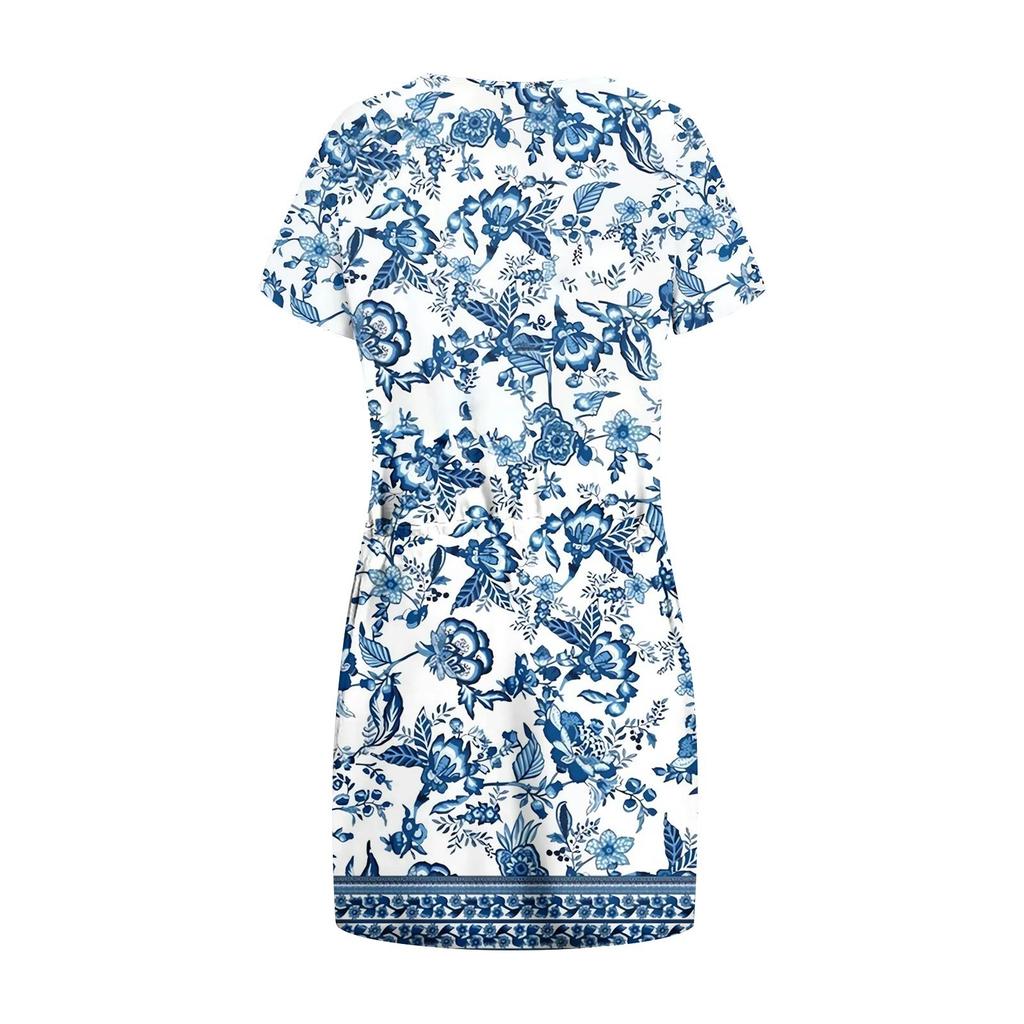 Women's Fashion Casual V-Neck Short Sleeve Drawstring Sequin Printed Dresses