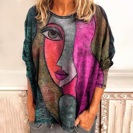 Teplá dámská halenka s výstřihem do O Módní abstraktní potisk obličeje Halenka s dlouhým rukávem Dámské oblečení