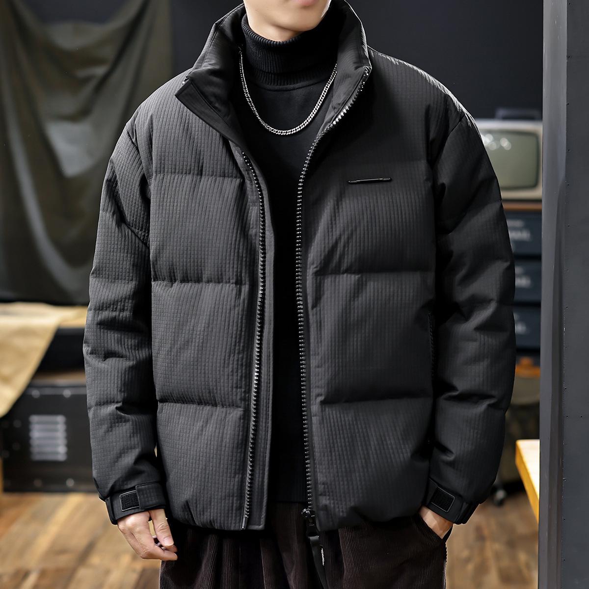 

Men s White Duck Down Textured High-End Stand Collar Puffer Jacket - Short, Thickened, American Style, Plus Size, Winter Outerwear L 110-130 kg чорний