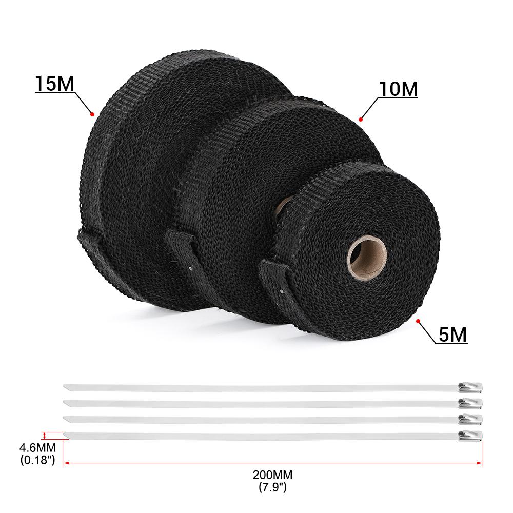Hochwertige 2,5 cm * 5 m 10 m 15 m Titan/Schwarz-Abgaswärmewickelrolle für Motorrad-Fiberglas-Hitzeschildband mit Edelstahlbändern