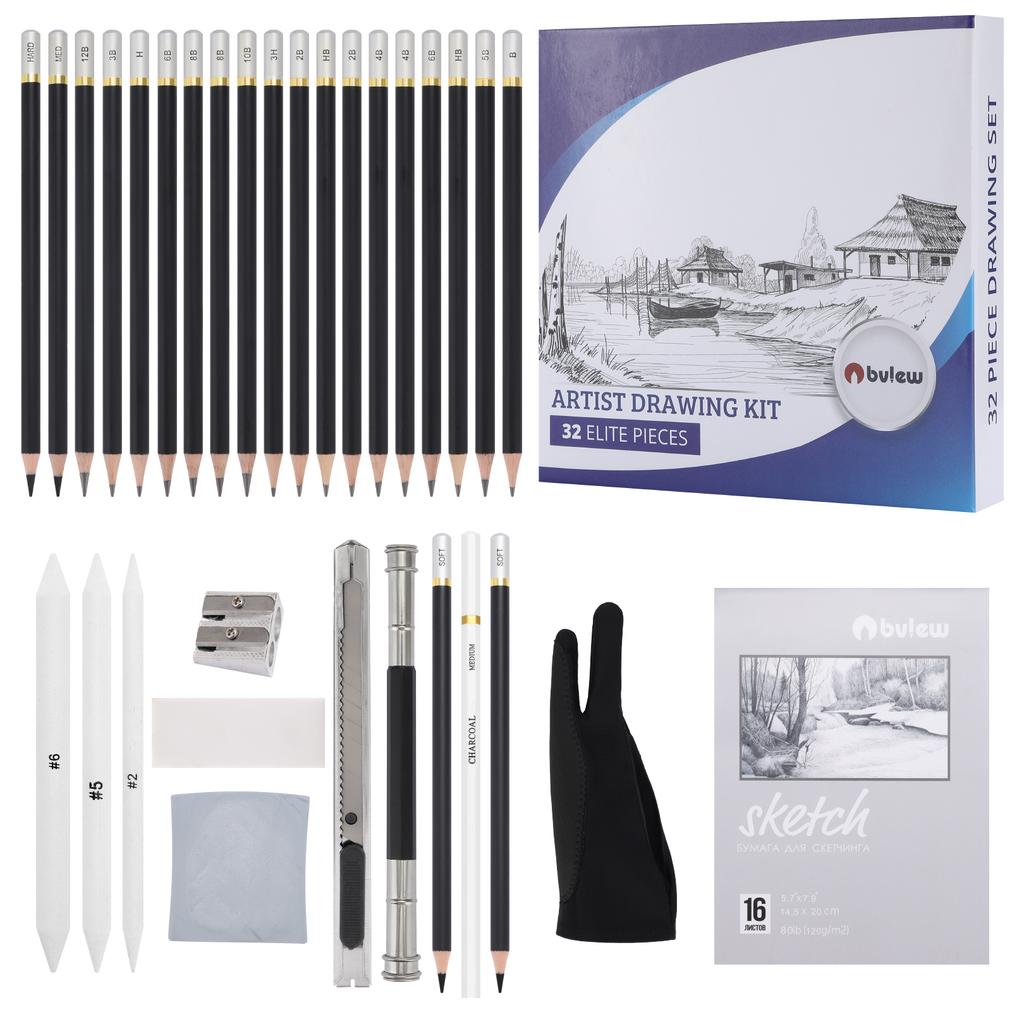 Bview Art Professional 32-pc Artist Drawing Set: 17 Graphite Pencils, 5 Charcoals, Blending Stumps & Studio Tools