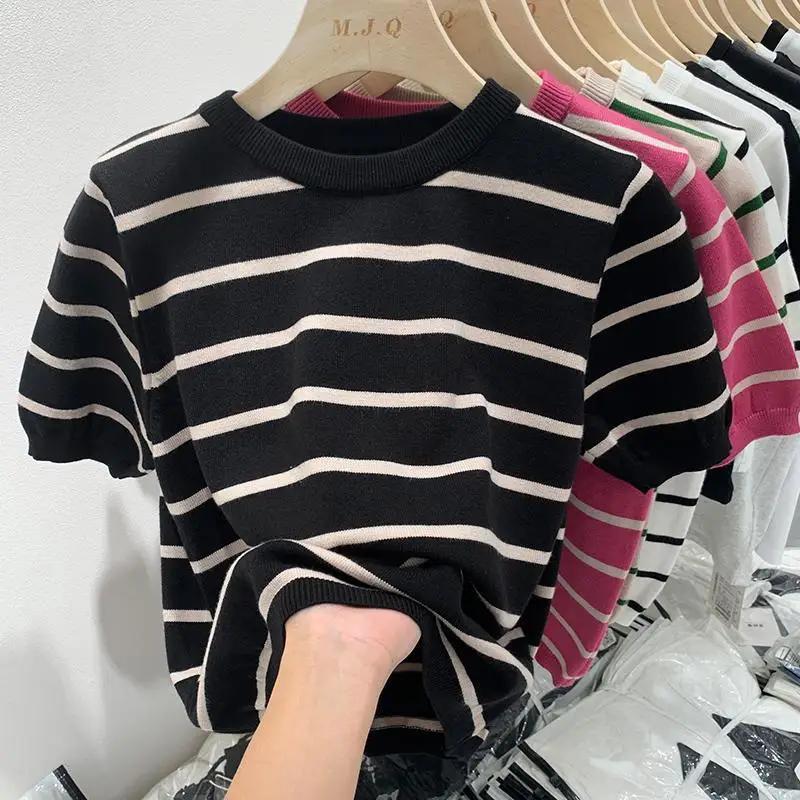 Summer Casual Striped Knit T-Shirt Women's Slim Fit Crew Neck Short Sleeve Top