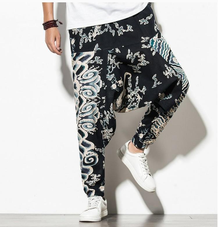 2026 Spring Men's Chinese-Style Cotton Linen Harem Pants - Printed Hip Hop Trousers