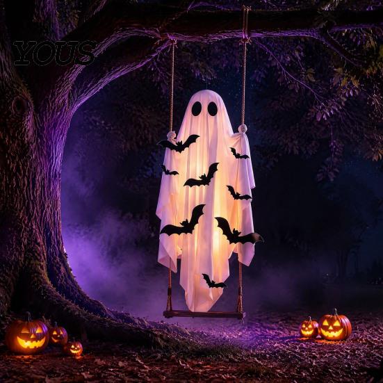 Lighted Creepy Yard Props Halloween Large Hanging Swing Ghost Decoration, Light Up Spooky Swinging Window Display Ghosts with 3D Bats for Front