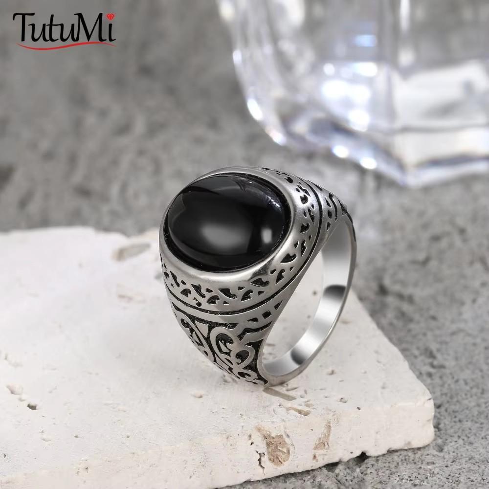 Vintage 925 Sterling Copper Ring Natural Black Onyx Ring Oval Round Stone Retro Fine Zircon Gift Sun Shaped For Women Men