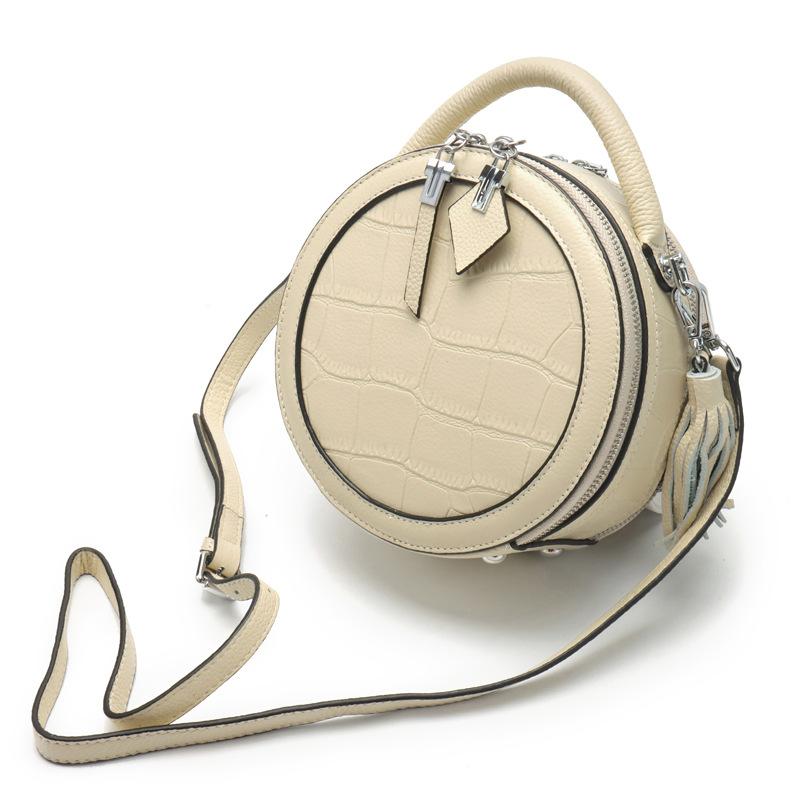 New Leather Small Round Bag Women's Messenger Bag Crocodile Pattern First Layer Cowhide Shoulder Bag Versatile Barrel Bag Handbag