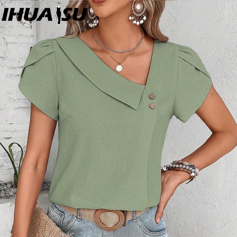 IHUASU Women's Fashion Casual Solid Color Print Short Sleeve V Neck Blouses & Shirts
