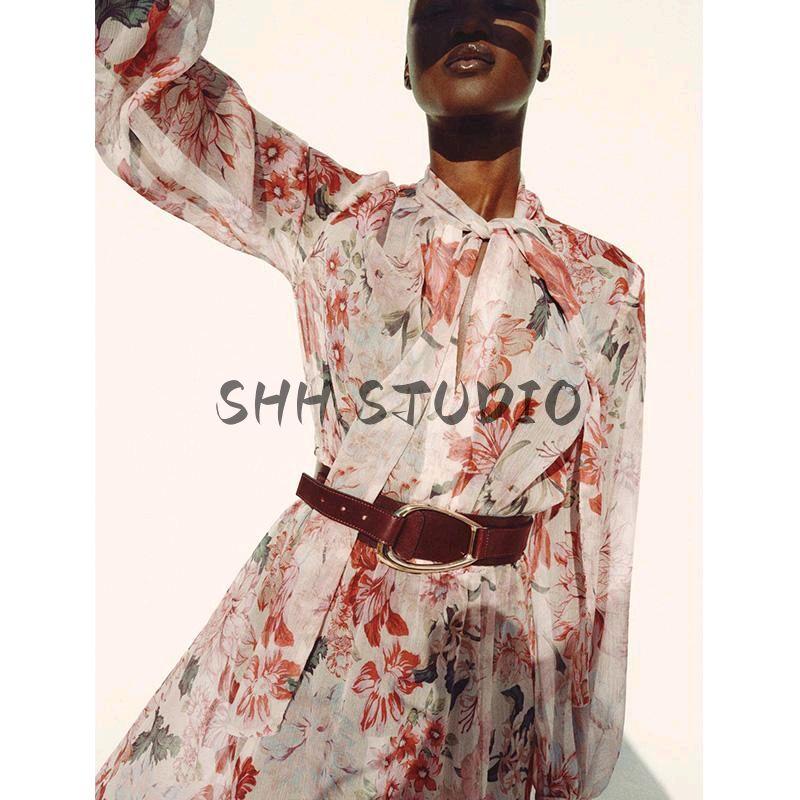 Spring New Women's Clothing Fashion Wind V Neck Long Sleeves with Belt Flowers Print Midi Skirt Dress 2507147