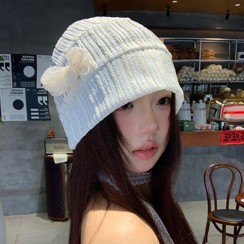 

Korean Style Flower Pullover Hat Sweet Knitted Hat Casual Beanies Hat Apparel Accessories бежевий
