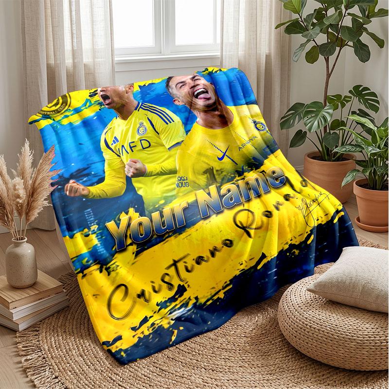 Coperta in Flanella Personalizzata con Nome Cristiano Ronaldo Logo Calcio Coperta Plaid in Pile Personalizzata Regalo Speciale per Divano Camera da Letto Casa