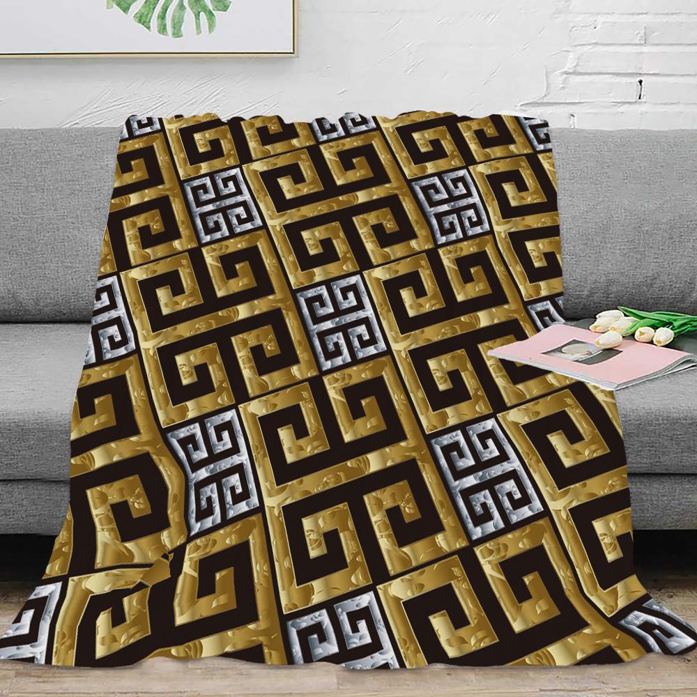 Couverture Plaid en Flanelle Luxe Noir Or Clé Grecque Méandre Baroque Douce Peluche Moelleuse Chaude Décoration Maison Couette Linge de Lit Cadeau