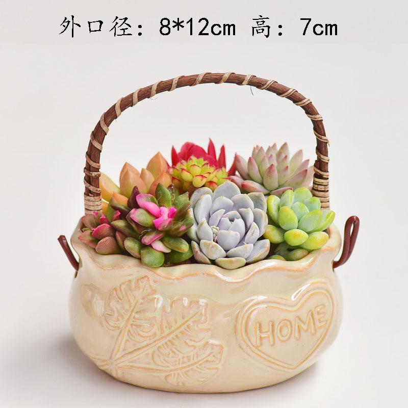 Nordic Style Ceramic Basket Succulent Pot, Breathable Relief Planter with Rattan Handle, Desktop Home Garden Decor
