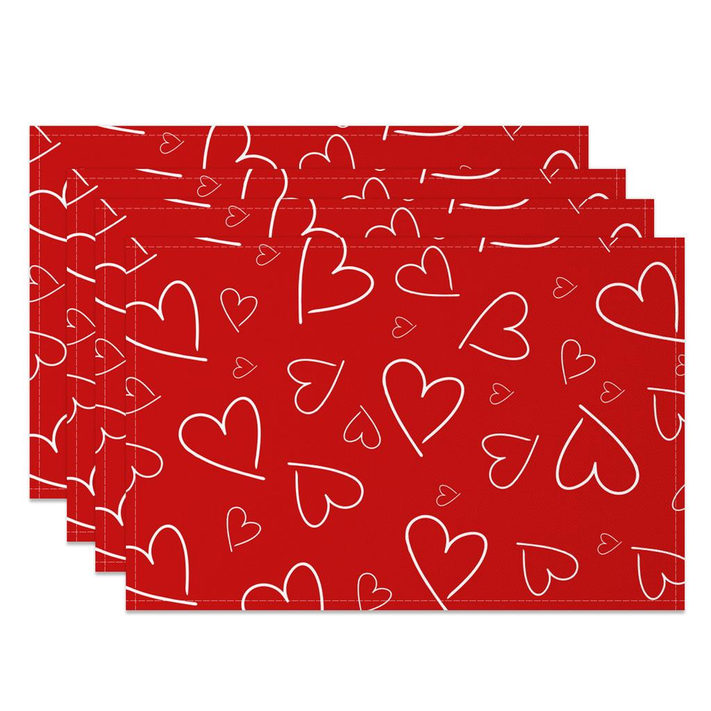 Heart Shape Placemats Romantic Love Pattern 4pc Linen Dining Mats Heat Resistant Valentine's Day Wedding Anniversary Party Decor