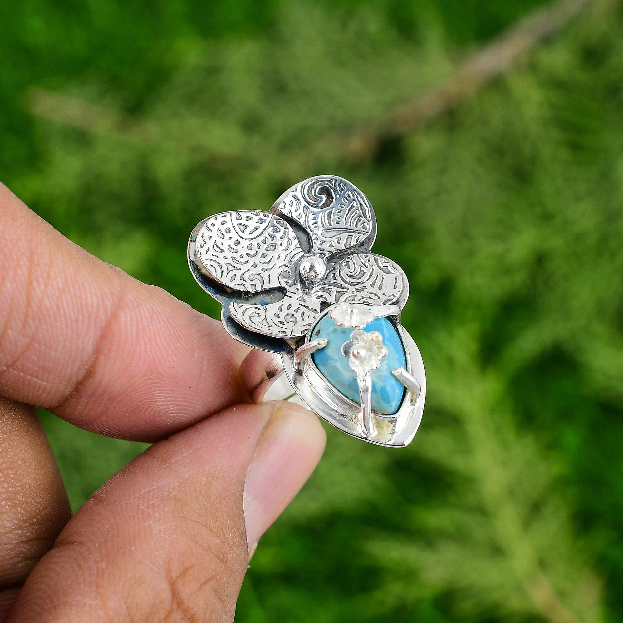 

Кольцо-солитер из стерлингового серебра с бирюзой Спящей красавицы, этническое кольцо с цветком Adjustable