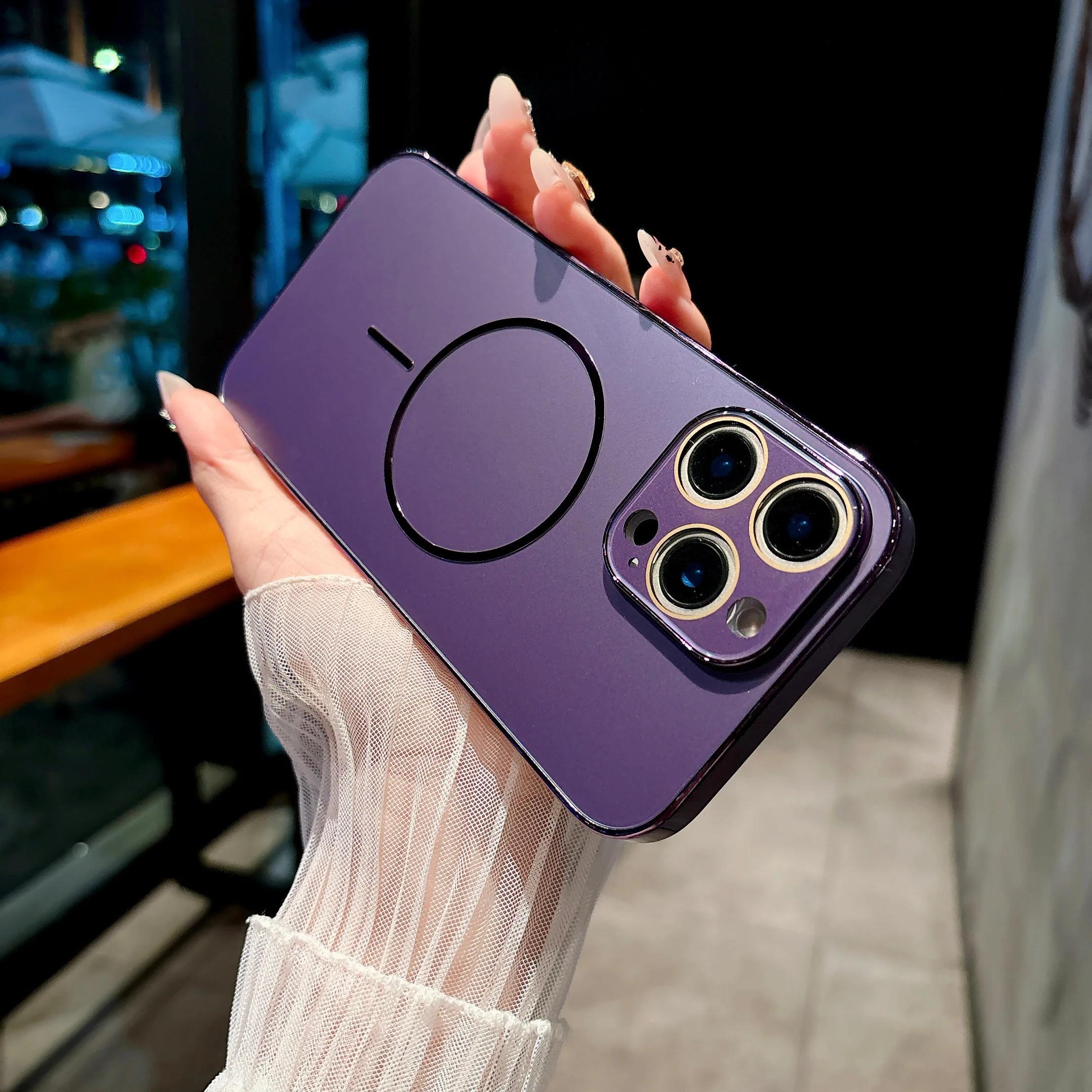 

Plating Magnetic Frosted Lens Glass Protective Phone Case for IPhone 16 15 14 13 11 12 Pro Max for Magsafe Wireless Charge Cover iPhone 15 Pro Max фіолетовий