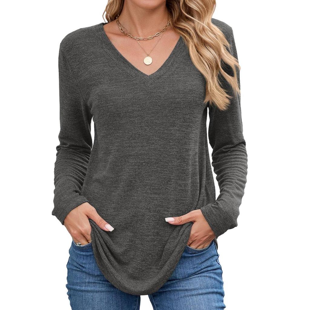 Loose V-Neck Solid Color Casual Long Sleeve T-Shirt Top for Women Ready to Ship Fall Winter