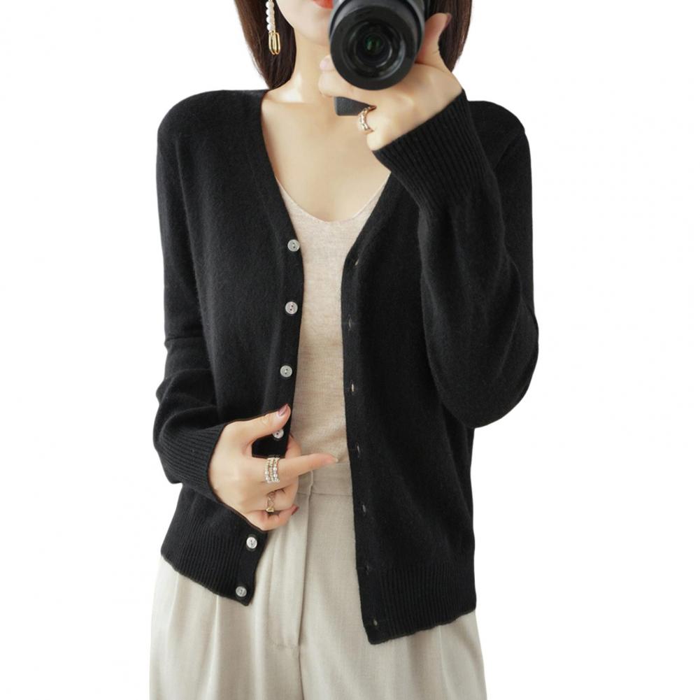 Women Knitting Cardigan Stylish V-neck Knitting Cardigan with Ribbed Cuffs for Women Solid Color Long Sleeve Sweater for Spring