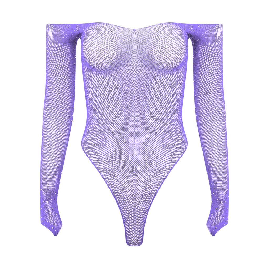 Damen glänzender Strassnetz-Off-Shoulder-Body mit langen Ärmeln, dehnbar