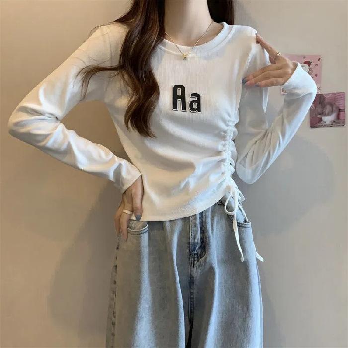 

Новый осенний стиль Шикарный нишевый топ с полым дизайном Необычная футболка с длинным рукавом на кулиске Женская базовая рубашка S белый