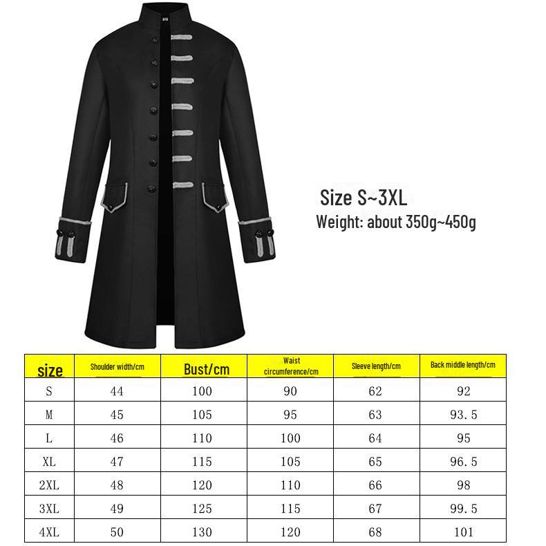 

Мужское пальто в стиле стимпанк в стиле ретро 2023 года — европейский и американский средневековый стиль, однотонная мода. S чёрный