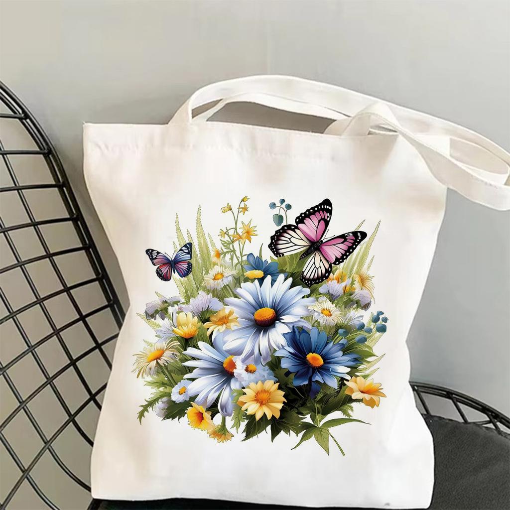 Frühlingshafter Blumen-Gras-Druck Canvas Tragetasche Trendige Funktionelle Tasche Ideal für Pendeln, Einkaufen und Tragen täglicher Notwendigkeiten