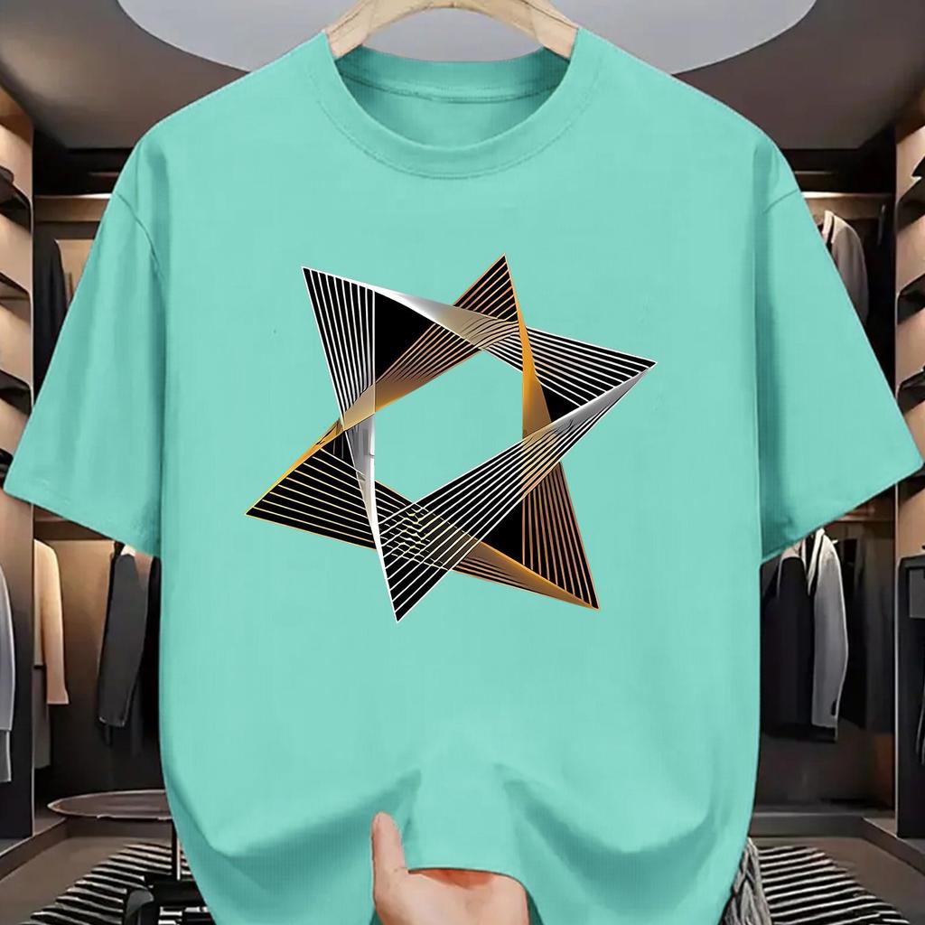 Geometric Star Print Mens Cotton TShirt Casual Short Sleeve Breathable Crew Neck Graphic Tee
