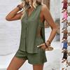 Women Sleeveless V Neck Side Cut Out Blouse and Shorts Set Casual Summer Linen Look Two Piece Outfit