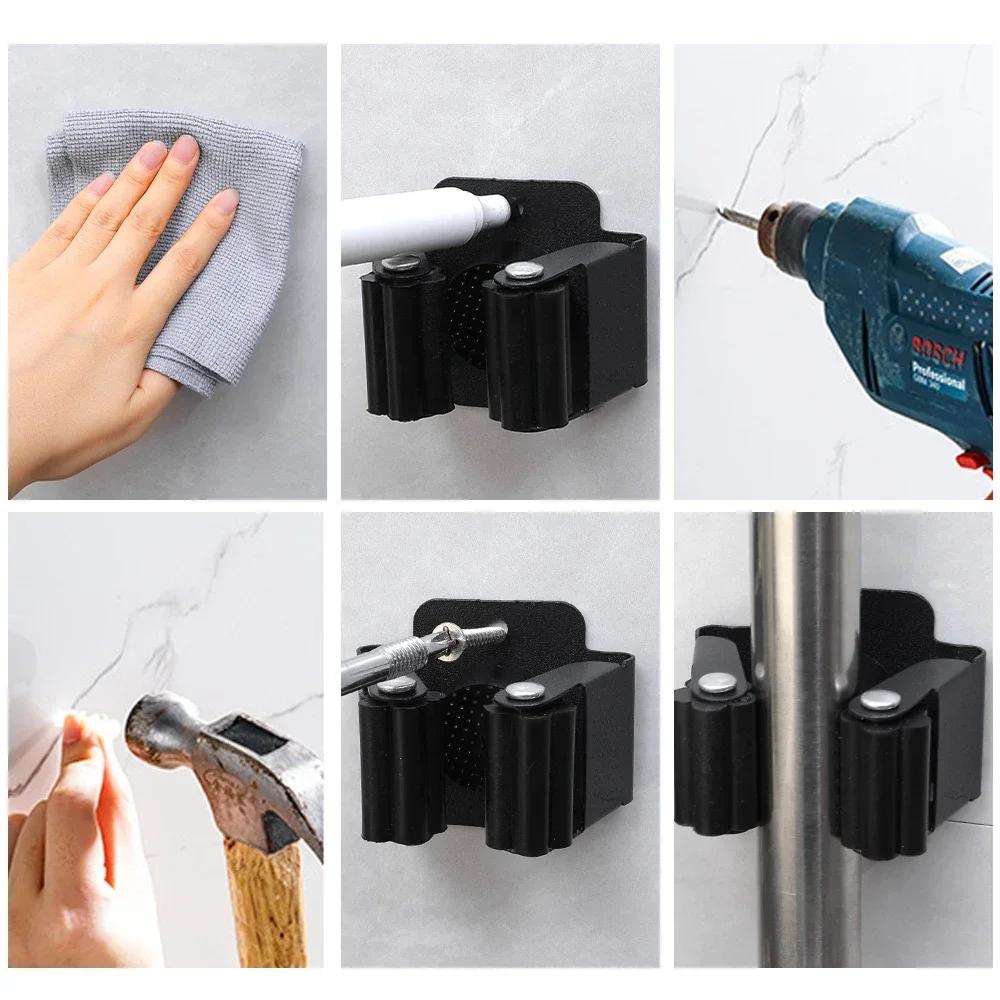 5/1Pcs Self-Adhesive Mop Holder Clips Stainless Steel Drilling Mop Broom Holder Rack With Screw Kitchen Bathroom Organizer Shelf
