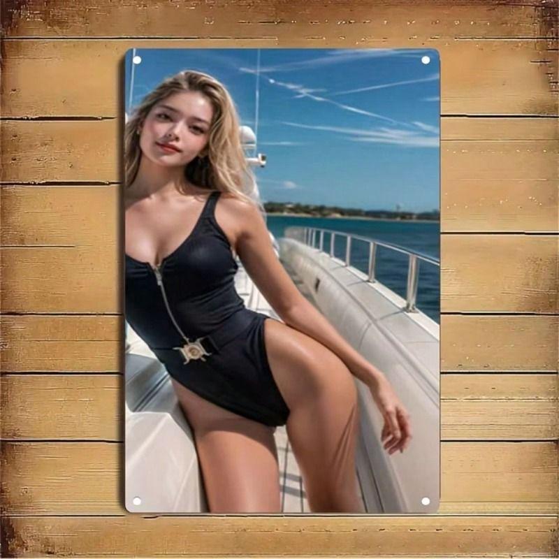 

Metal Poster Bikini Girl Yacht Black Wall Art for Bar