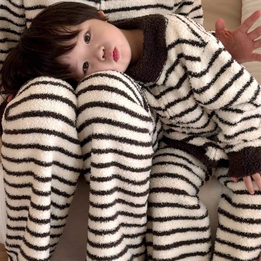 Kids' Coral Fleece Pajamas: Striped Zipper Parent-Child Set for Autumn and Winter
